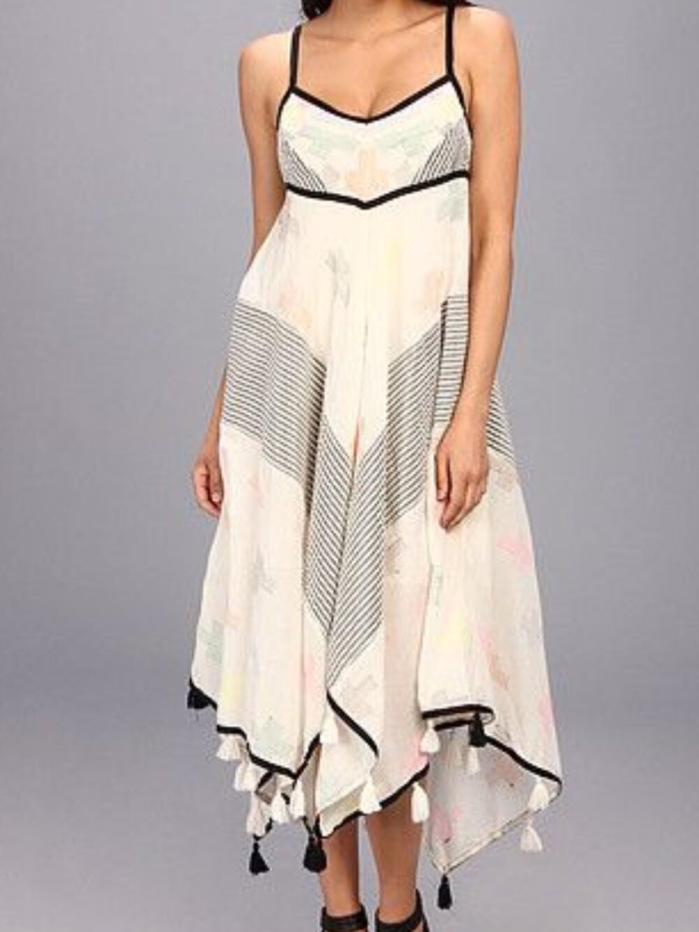 Free People Crossing Paths Tassel Trim Embroidered Maxi Dress S FESTIVAL BOHO